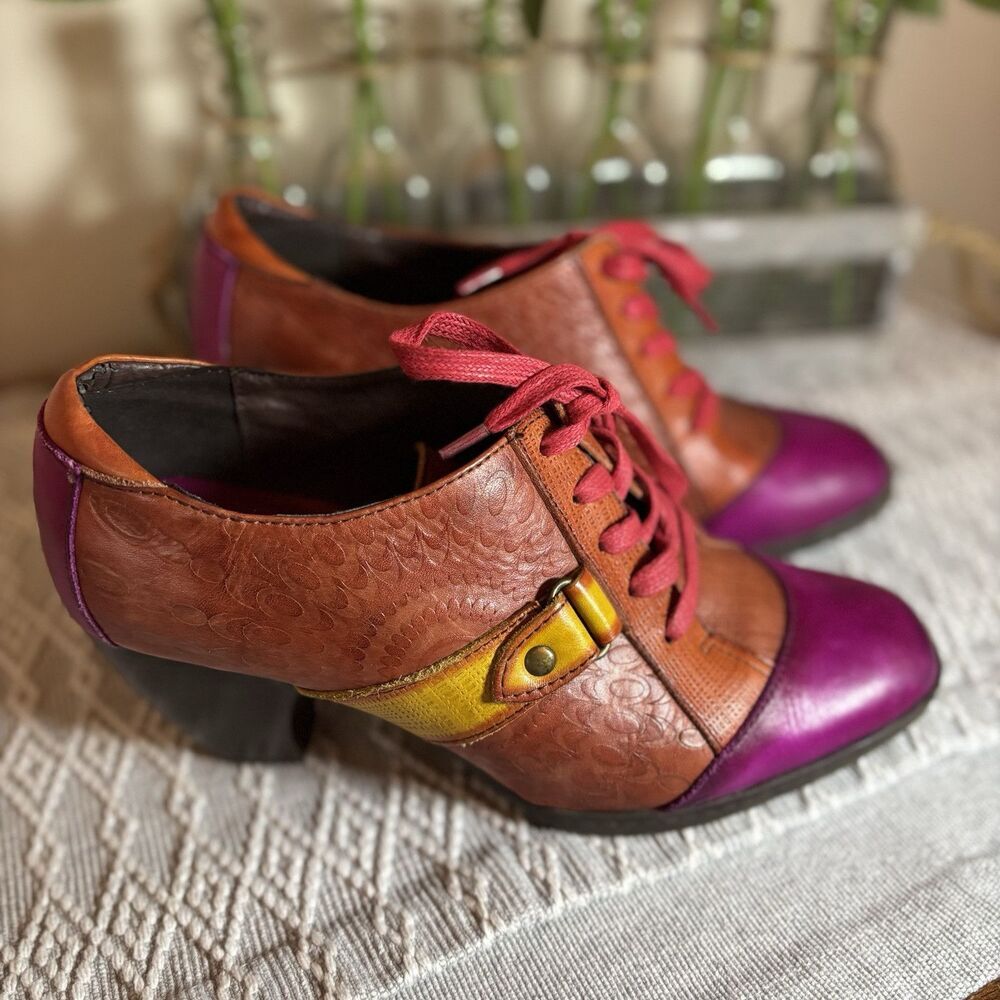 SOCOFY Multi-color  Embossed  Lace Up Ankle Retro/Vintage  Pumps ‎ sz39 (8-8.5). - Picture 2 of 10